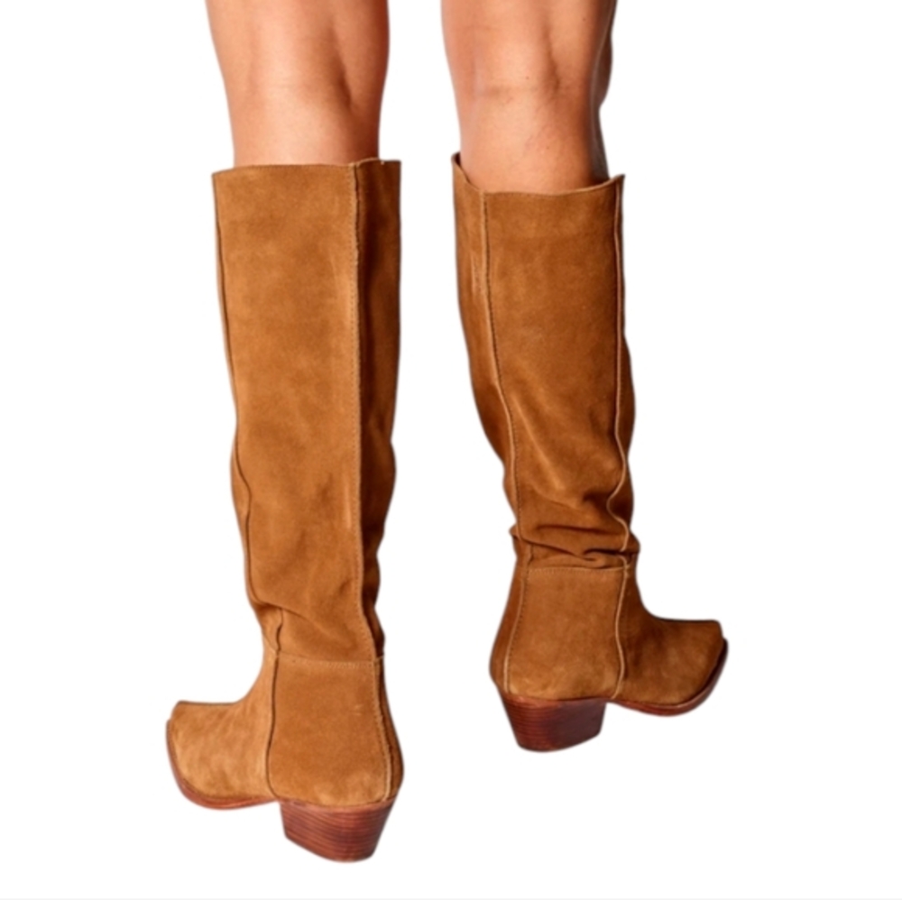 Free People Sway Low Slouch Boots Tan pointed Toe Stacked Heel Size 36.5 6 41 US - Picture 6 of 13